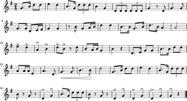 
  \relative g' {
   \key g \major \time 2/4
    g8. b16 d8 d e4 d b8. g16 \times 2/3 { d'8 d d } b4 g \times 2/3 { d8 d d } \times 2/3 {d d d } g4 r8 d8
    g4. g8 g8.[ g16] d8[ e16 fis g4] g4 r8 b g[ a16 b] d4 d
    b8.[ b16] g8.[ b16] d8.[ b16] a4 a2 e'4^> d^> a^> b^>
    d8-> b-> r d b[ a16 b] g4 b r d,8.[ e16] g8 g b8.[ b16] d8 d
    a[ a16 a] e4 a4. d,8 g4.\< g8 b4. b8\! d2
    g,8.[ b16] d8 d e4 d b8.[ g16] \times 2/3 { d'8 d d } b r g r d4^> g^>
    b8.[ g16] \times 2/3 { d'8 d d } b8 r g r d4^> g^> d^> g^> d^> g^> g^> r \bar "|."
}
\addlyrics {
_ _ _ _ _ _ _ _ _ _ _ _ _ _ _ _ _ _ _ _ 起 來！ 不 願 做 奴 隸 的 人 們！ 把 我 們 的 血 肉， 築 成 我 們 新 的 長 城！ 中 華 民 族 到 了 最 危 險 的 時 候， 每 個 人 被 迫 著 發 出 最 後 的 吼 聲。 起 來！ 起 來！ 起 來！ 我 們 萬 眾 一 心， 冒 著 敵 人 的 砲 火 前 進！ 冒 著 敵 人 的 砲 火 前 進！ 前 進！ 前 進！ 進！
   }
